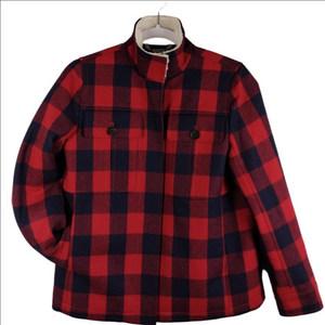J. Crew Wool Flannel Red Navy Buffalo Check Sherpa Lined Long Sleeve Zip Up Coat